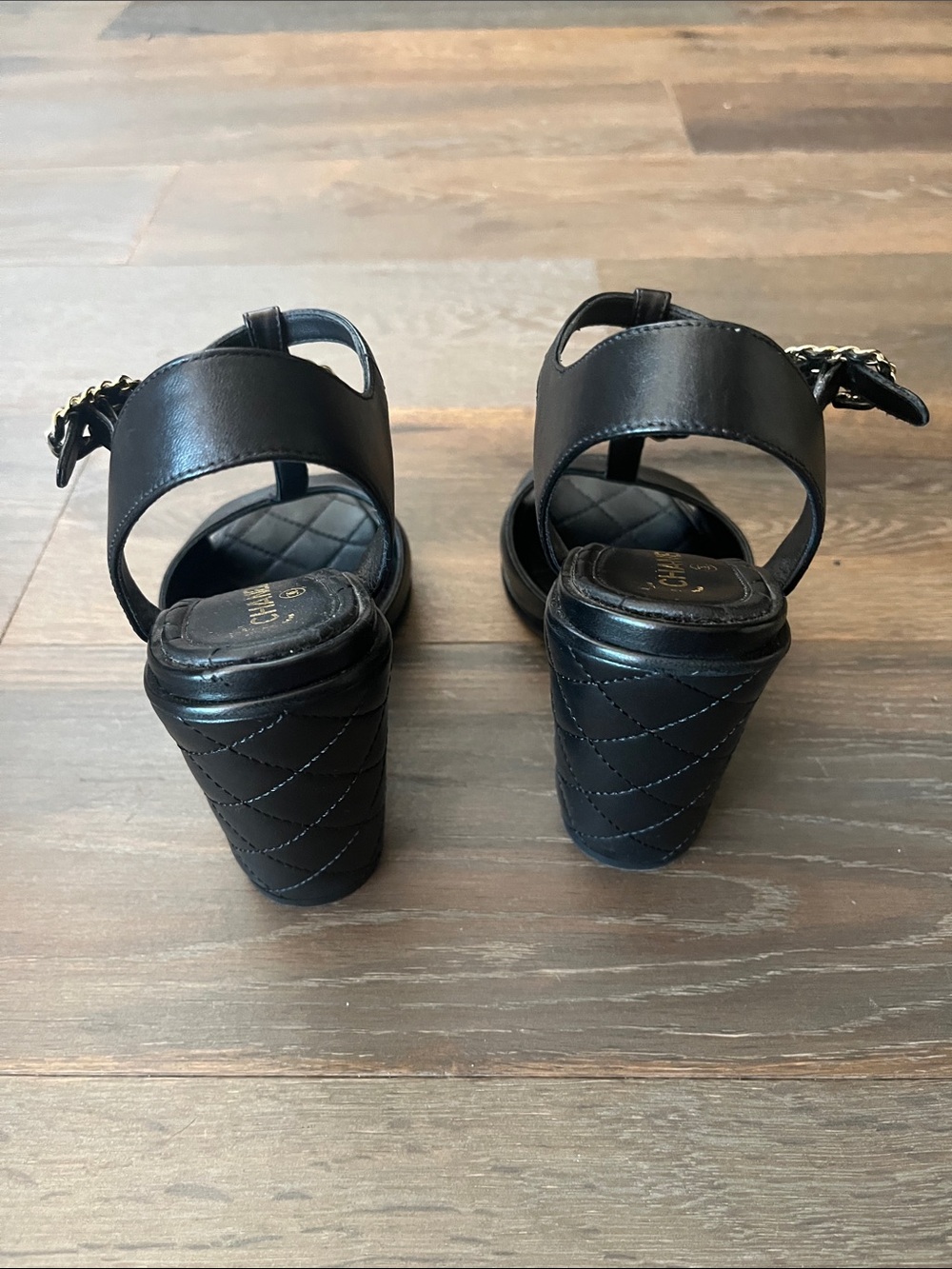 CHANEL Black Leather Chain-Detail Slingback Heels - Picture 3 of 7